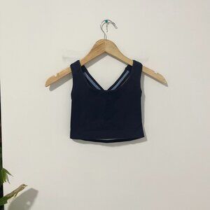 Women's Dark Blue Cross Strap Ribbed Sports Bra